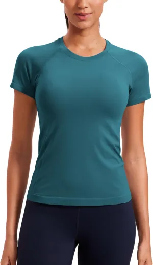 CRZ YOGA Seamless Workout Tops for Women Short Sleeve Athletic Tees Breathable Gym Running Yoga Shirts