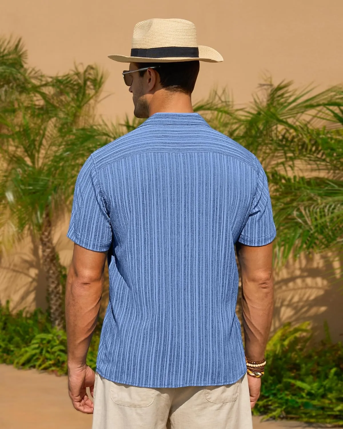 DEMEANOR Mens Short Sleeve Button Down Shirts Textured Linen Shirts for Men Casual Button Up Summer Beach Shirt Vacation