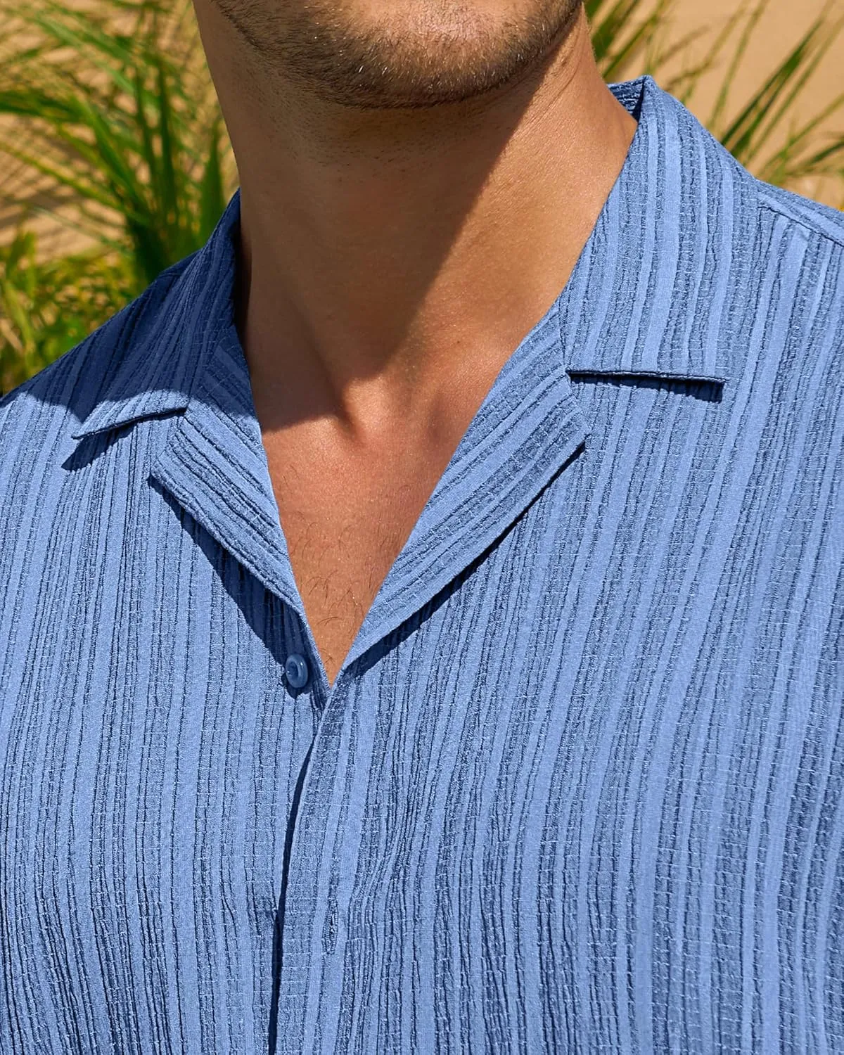 DEMEANOR Mens Short Sleeve Button Down Shirts Textured Linen Shirts for Men Casual Button Up Summer Beach Shirt Vacation