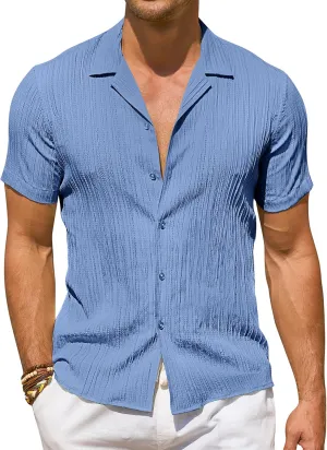 DEMEANOR Mens Short Sleeve Button Down Shirts Textured Linen Shirts for Men Casual Button Up Summer Beach Shirt Vacation