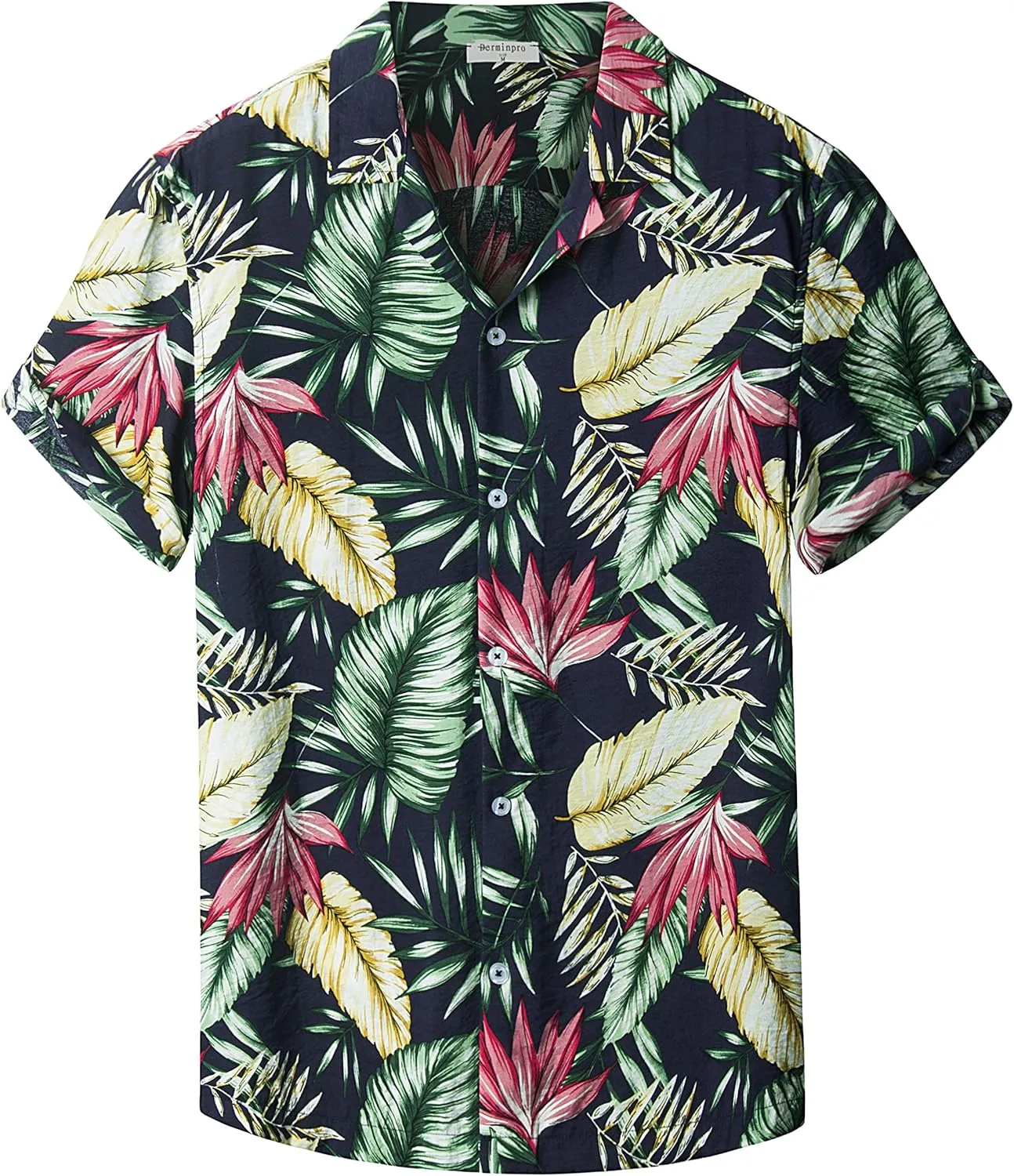 Derminpro Men's Hawaiian Shirt Short Sleeves Floral Printed Button Down Summer Beach Shirts