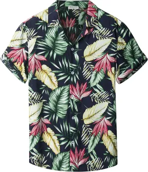 Derminpro Men's Hawaiian Shirt Short Sleeves Floral Printed Button Down Summer Beach Shirts