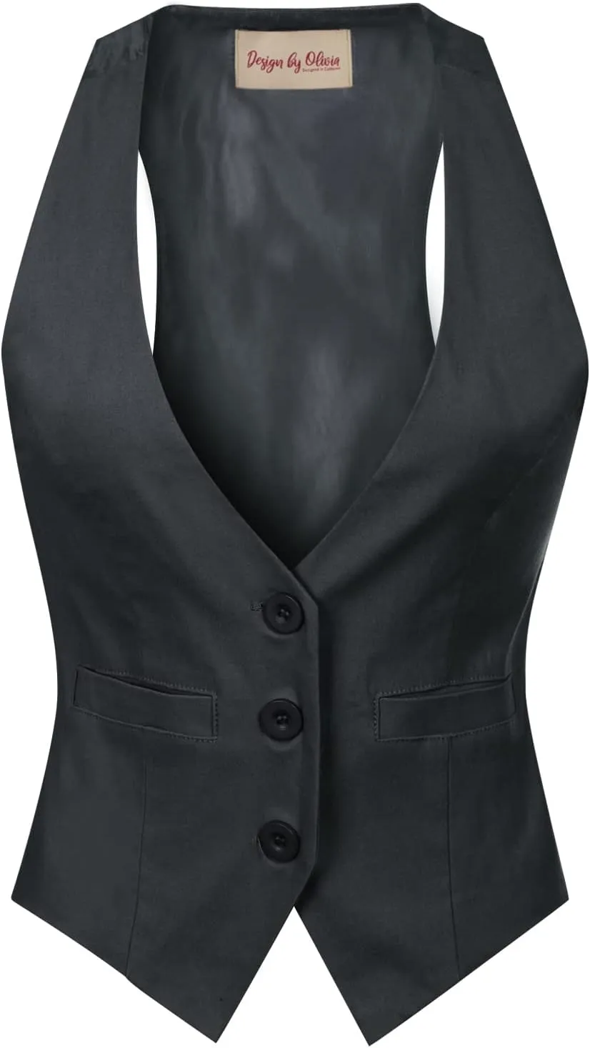 Design by Olivia Women's Dressy Casual Versatile Racerback Vest Three Button Tuxedo Suit Waistcoat