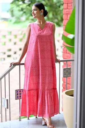Dharan Hand Block Print "Pink Jhalar Dress"