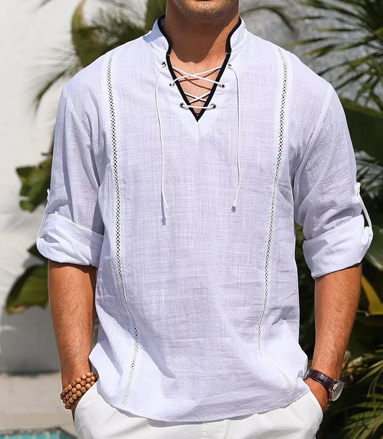EDITCOZY Men's Cotton Linen Shirt Drawstring Tops Viking Pirate Renaissance Costume Medieval