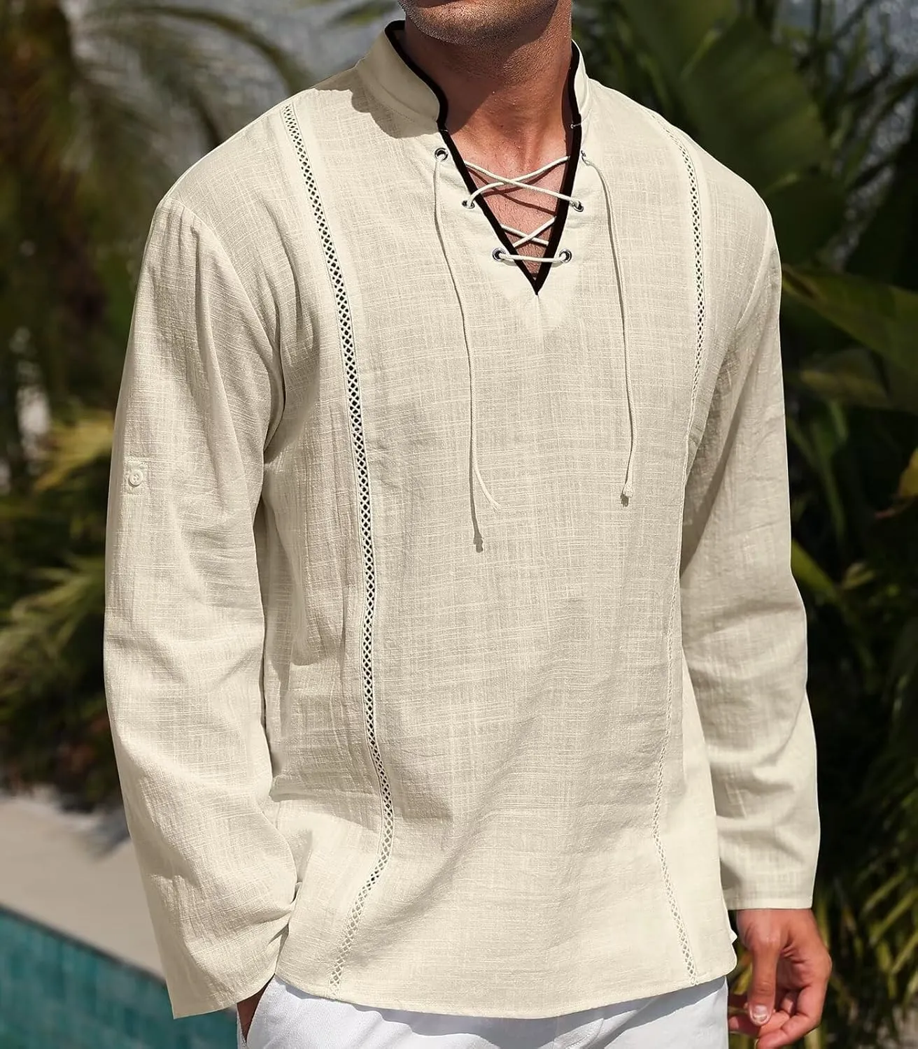 EDITCOZY Men's Cotton Linen Shirt Drawstring Tops Viking Pirate Renaissance Costume Medieval