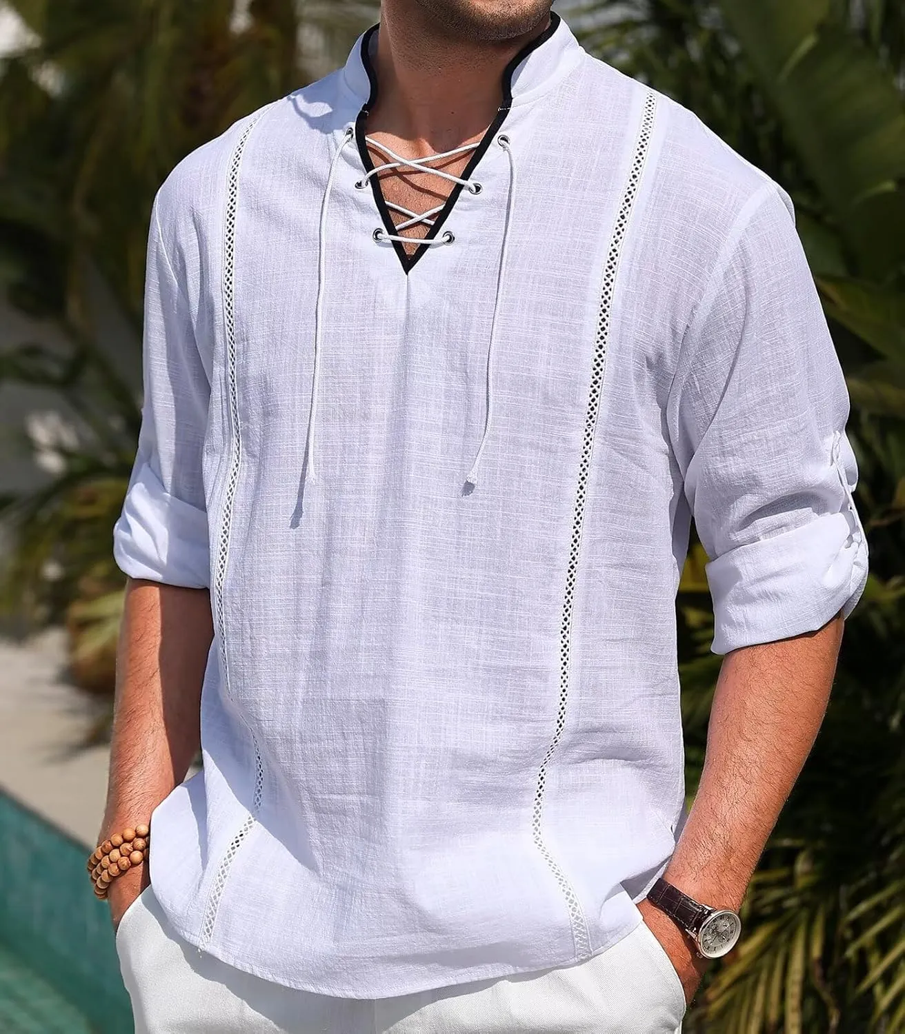 EDITCOZY Men's Cotton Linen Shirt Drawstring Tops Viking Pirate Renaissance Costume Medieval