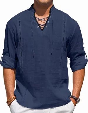 EDITCOZY Men's Cotton Linen Shirt Drawstring Tops Viking Pirate Renaissance Costume Medieval