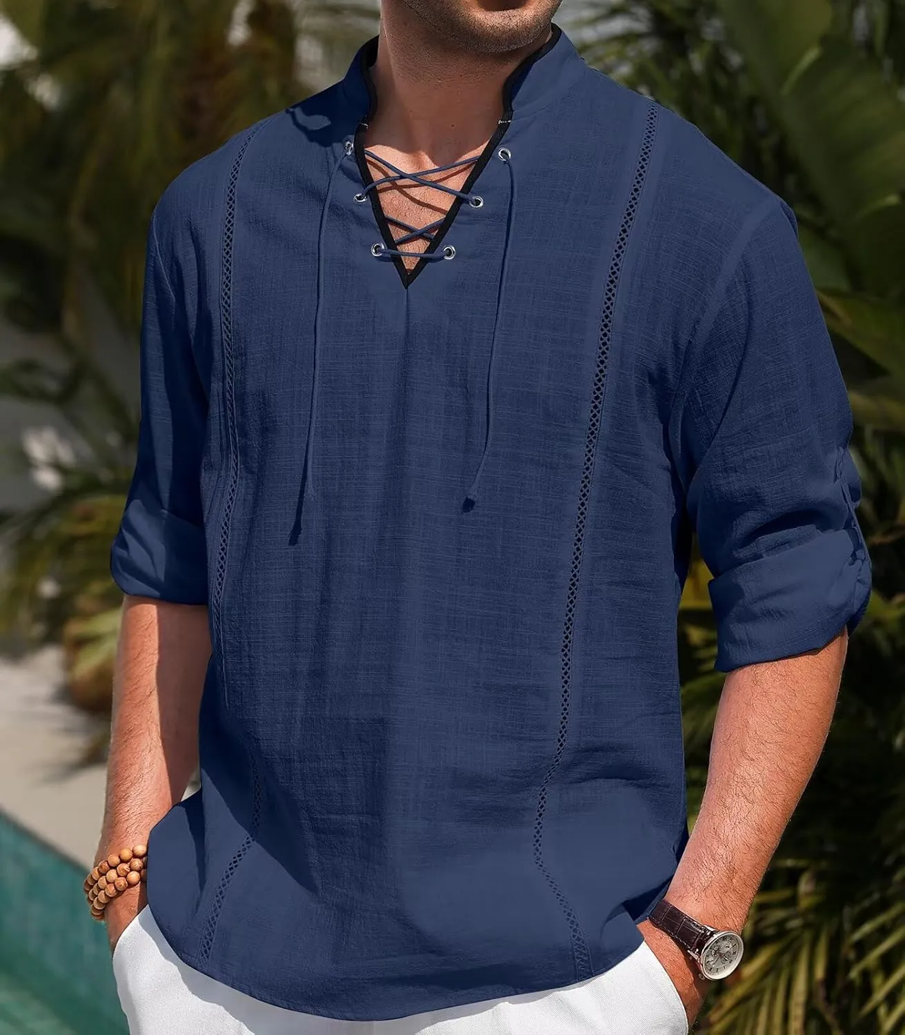 EDITCOZY Men's Cotton Linen Shirt Drawstring Tops Viking Pirate Renaissance Costume Medieval