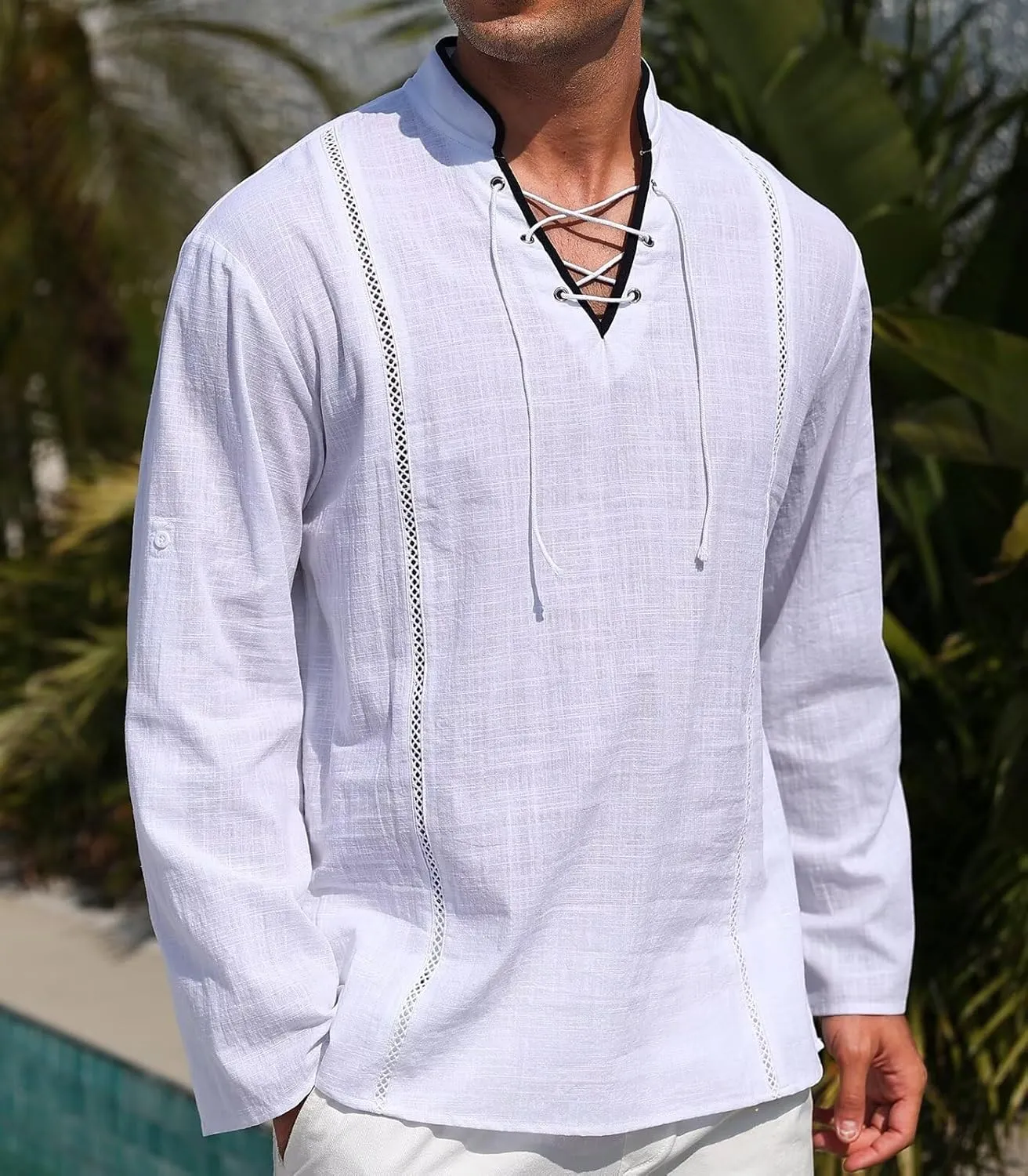 EDITCOZY Men's Cotton Linen Shirt Drawstring Tops Viking Pirate Renaissance Costume Medieval