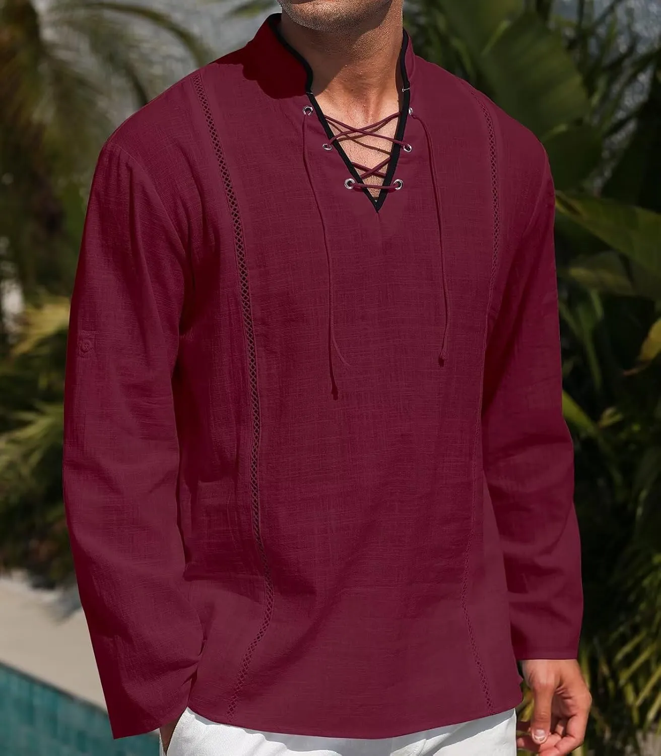 EDITCOZY Men's Cotton Linen Shirt Drawstring Tops Viking Pirate Renaissance Costume Medieval