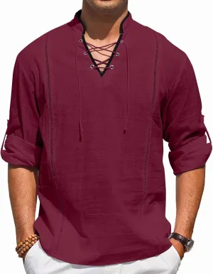EDITCOZY Men's Cotton Linen Shirt Drawstring Tops Viking Pirate Renaissance Costume Medieval