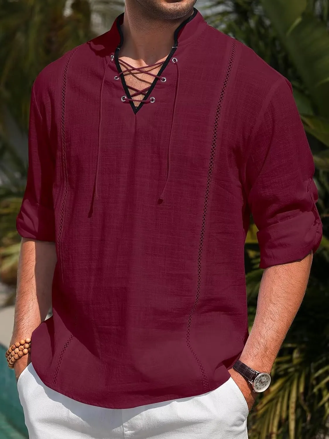 EDITCOZY Men's Cotton Linen Shirt Drawstring Tops Viking Pirate Renaissance Costume Medieval