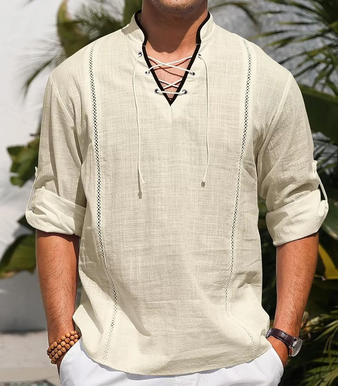EDITCOZY Men's Cotton Linen Shirt Drawstring Tops Viking Pirate Renaissance Costume Medieval