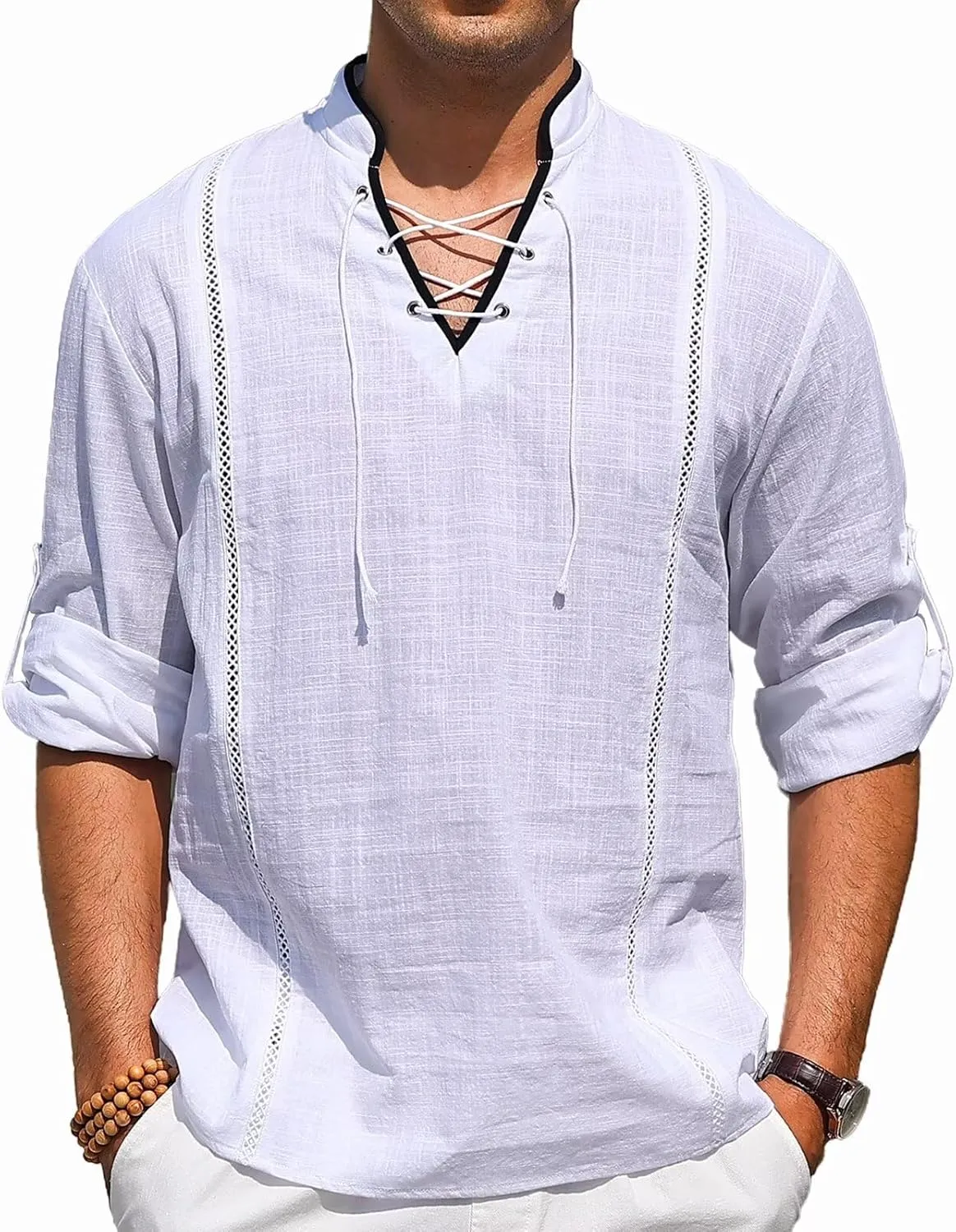 EDITCOZY Men's Cotton Linen Shirt Drawstring Tops Viking Pirate Renaissance Costume Medieval