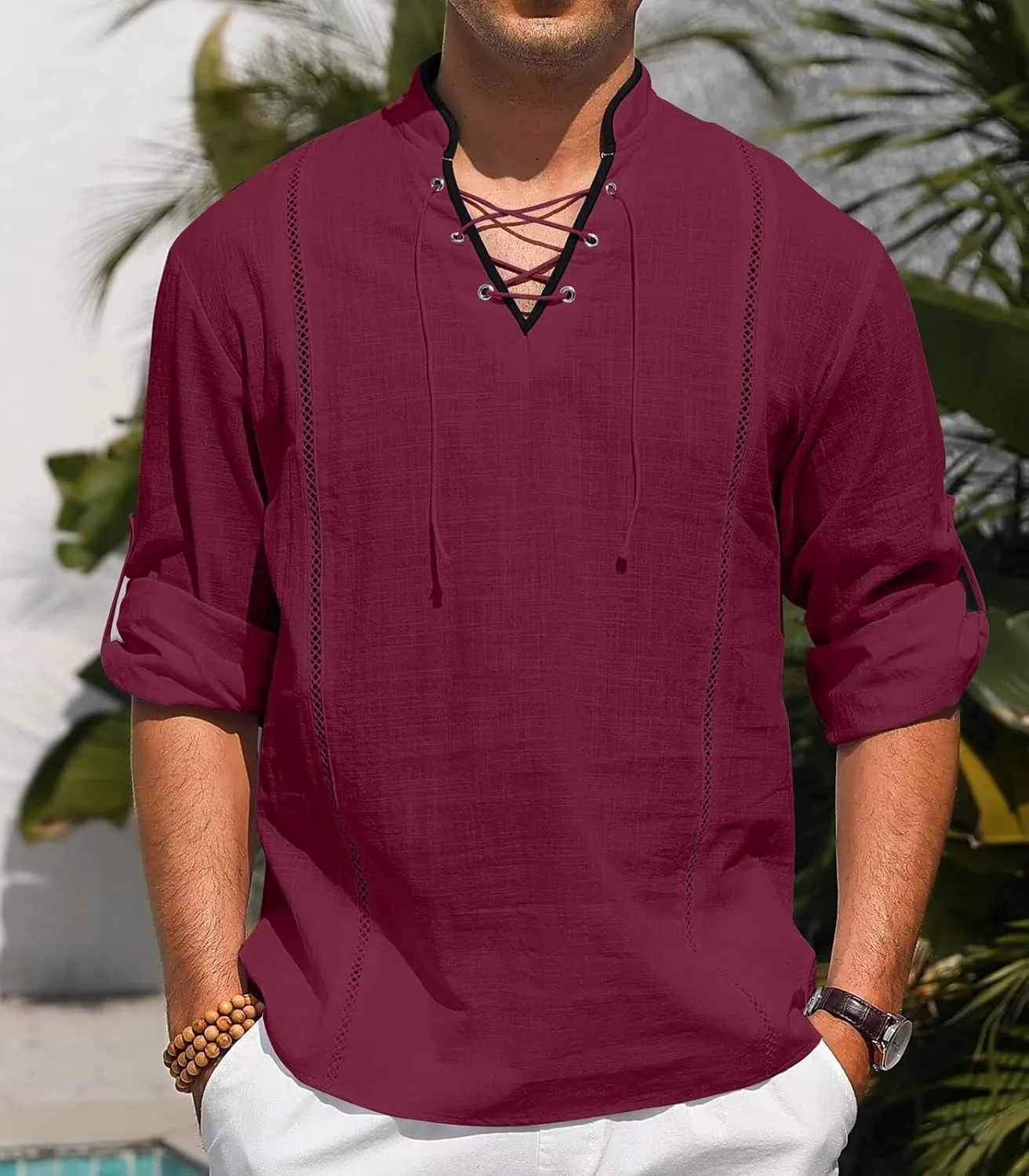 EDITCOZY Men's Cotton Linen Shirt Drawstring Tops Viking Pirate Renaissance Costume Medieval