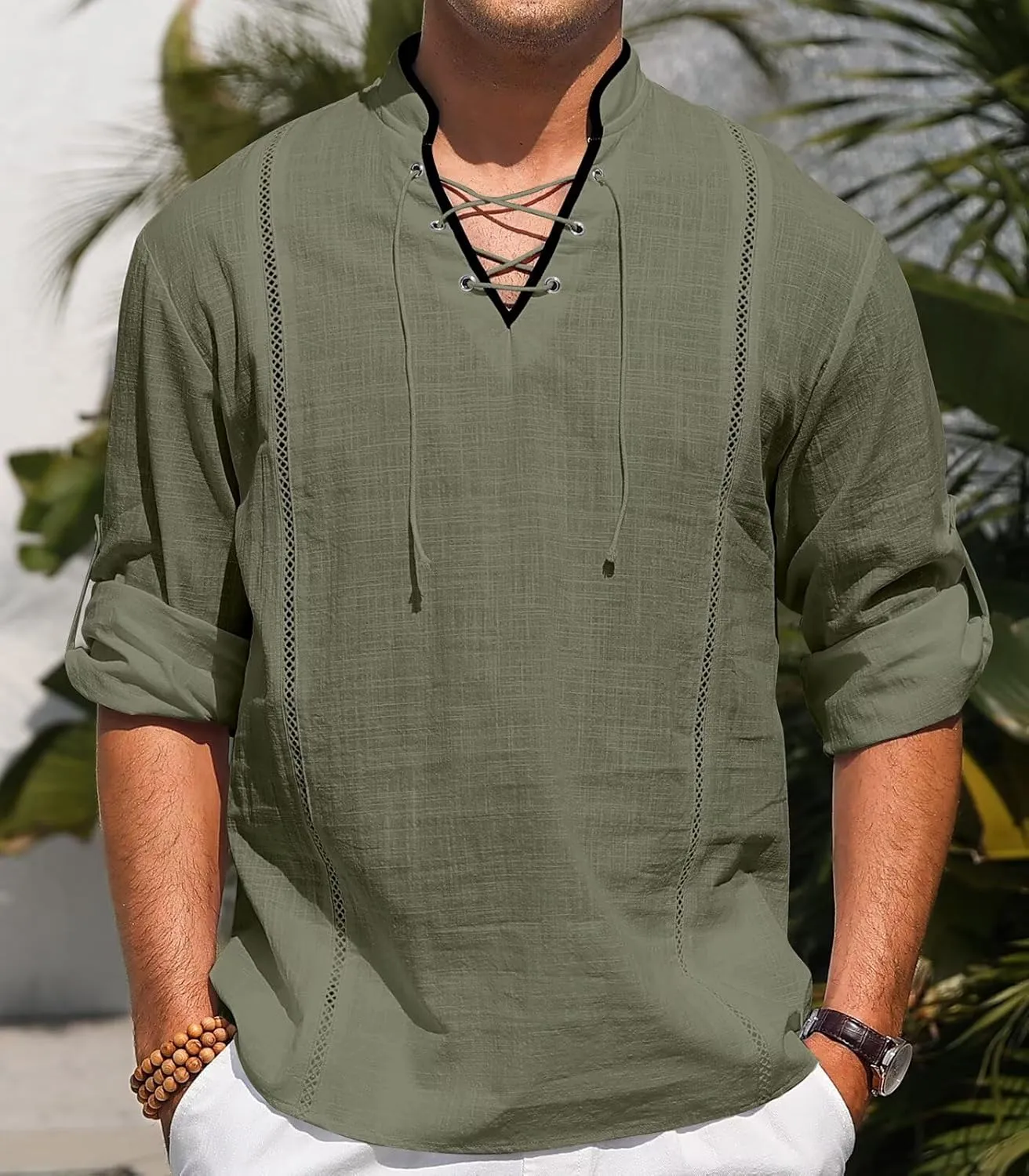 EDITCOZY Men's Cotton Linen Shirt Drawstring Tops Viking Pirate Renaissance Costume Medieval