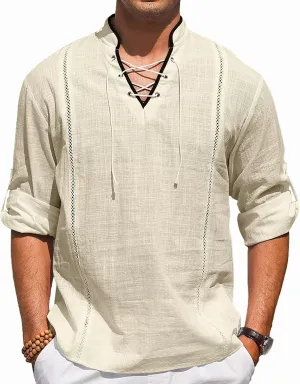 EDITCOZY Men's Cotton Linen Shirt Drawstring Tops Viking Pirate Renaissance Costume Medieval