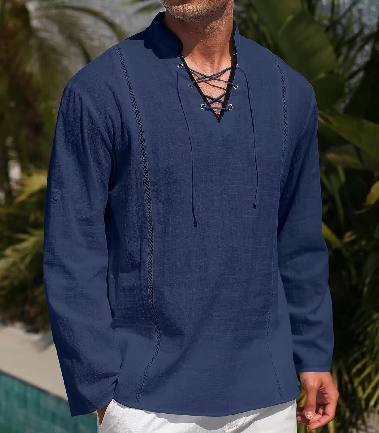 EDITCOZY Men's Cotton Linen Shirt Drawstring Tops Viking Pirate Renaissance Costume Medieval