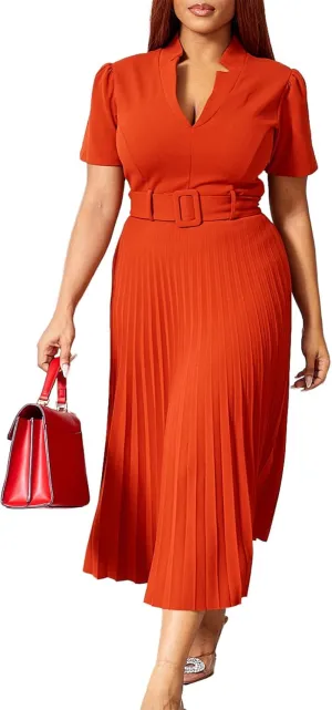 Ekaliy Women's V Neck Business Casual Shirt Dress for Women Short Sleeves Pleated Midi Dresses with Belt