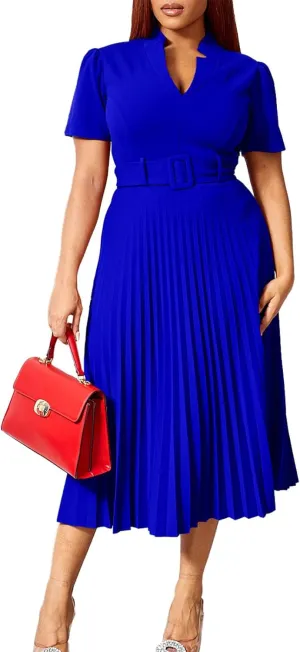 Ekaliy Women's V Neck Business Casual Shirt Dress for Women Short Sleeves Pleated Midi Dresses with Belt