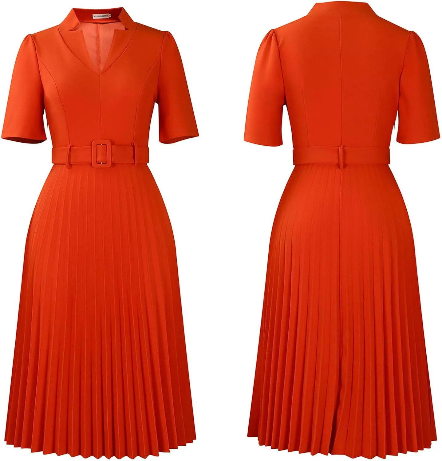 Ekaliy Women's V Neck Business Casual Shirt Dress for Women Short Sleeves Pleated Midi Dresses with Belt