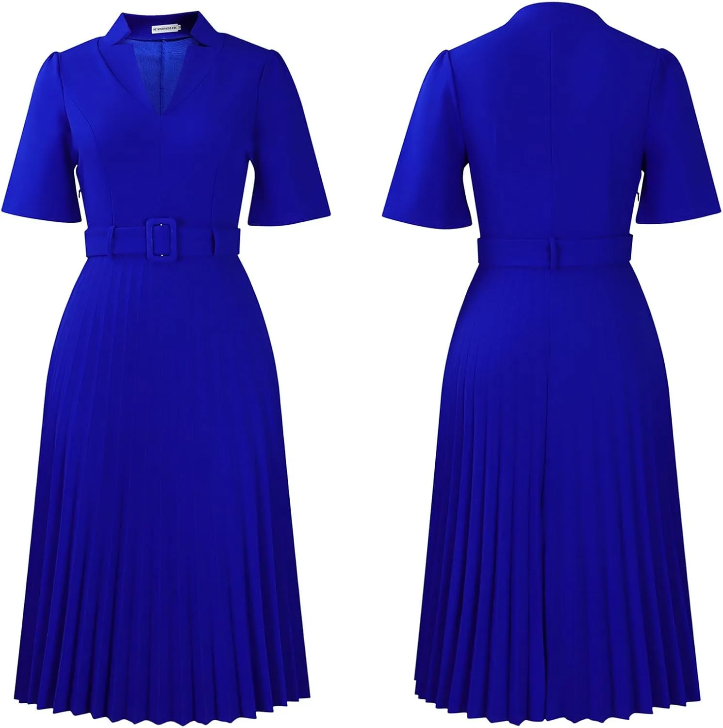 Ekaliy Women's V Neck Business Casual Shirt Dress for Women Short Sleeves Pleated Midi Dresses with Belt