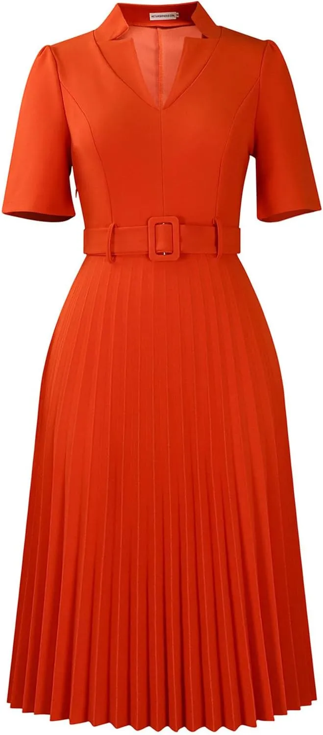 Ekaliy Women's V Neck Business Casual Shirt Dress for Women Short Sleeves Pleated Midi Dresses with Belt