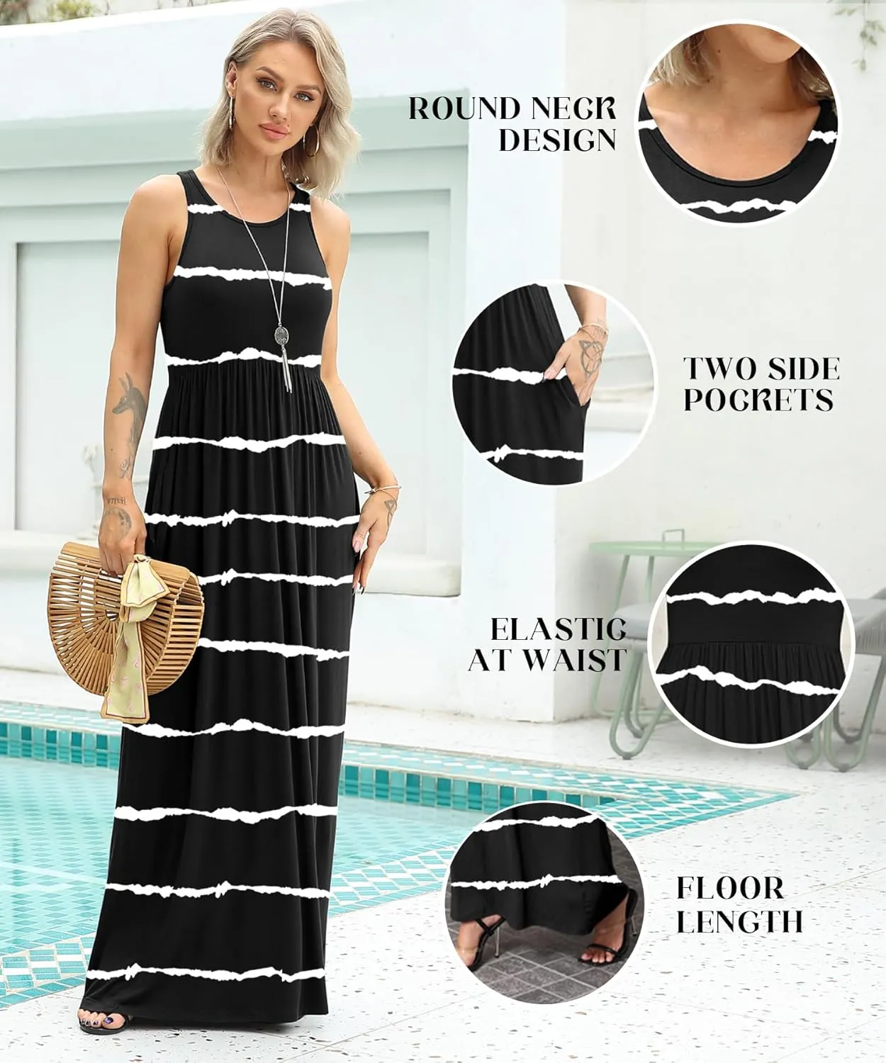 EUOVMY Women's Sleeveless Dress Casual Plain Loose Summer Vacation Long Maxi Dresses with Pockets