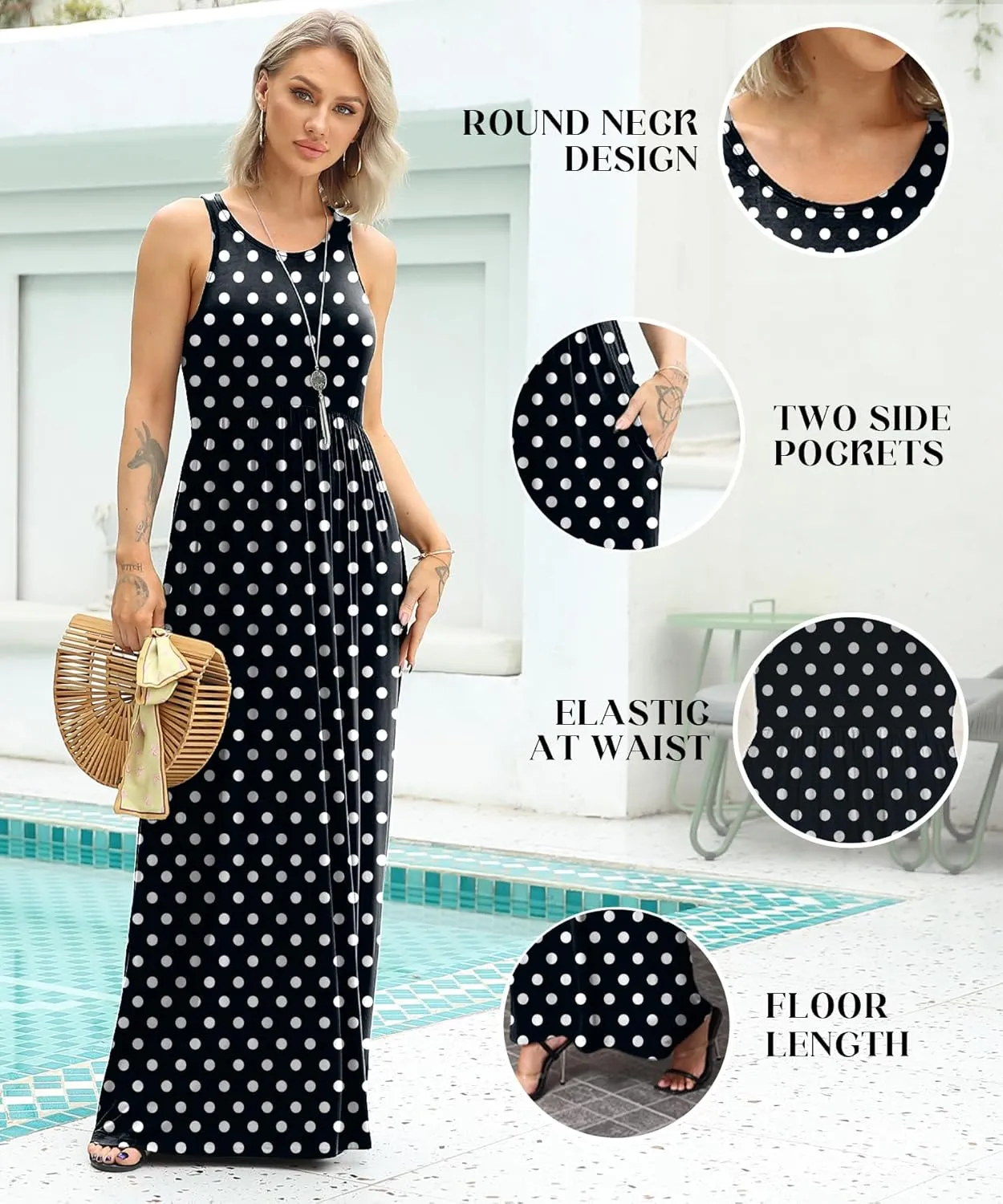 EUOVMY Women's Sleeveless Dress Casual Plain Loose Summer Vacation Long Maxi Dresses with Pockets