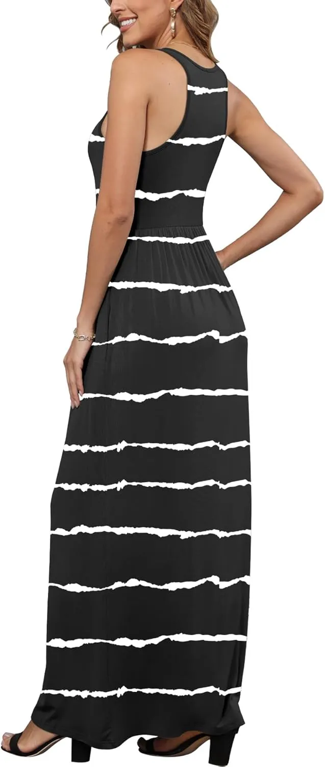 EUOVMY Women's Sleeveless Dress Casual Plain Loose Summer Vacation Long Maxi Dresses with Pockets