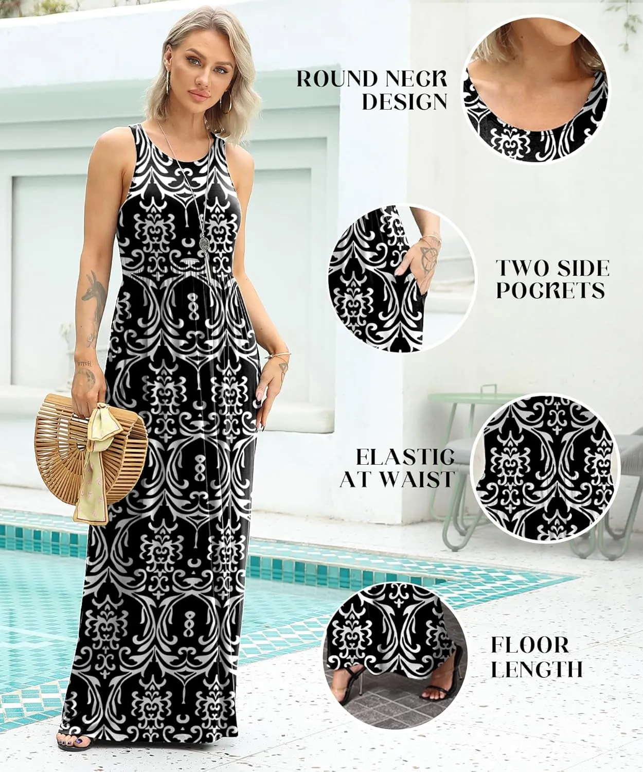 EUOVMY Women's Sleeveless Dress Casual Plain Loose Summer Vacation Long Maxi Dresses with Pockets