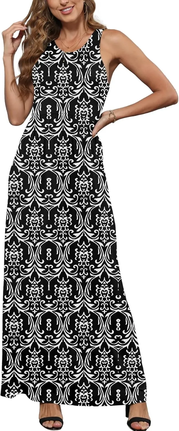 EUOVMY Women's Sleeveless Dress Casual Plain Loose Summer Vacation Long Maxi Dresses with Pockets