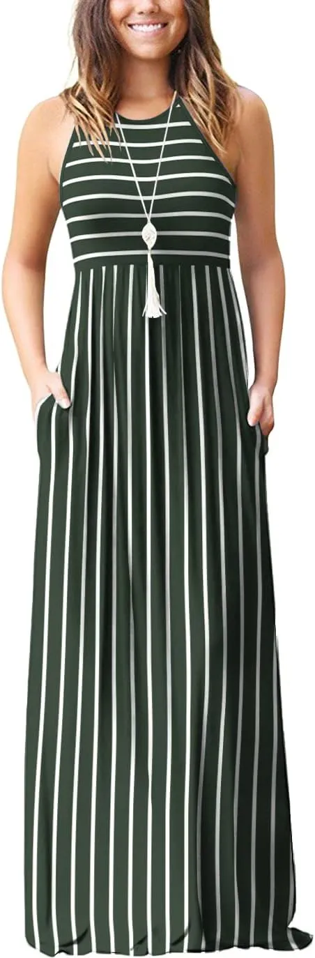 EUOVMY Women's Sleeveless Dress Casual Plain Loose Summer Vacation Long Maxi Dresses with Pockets