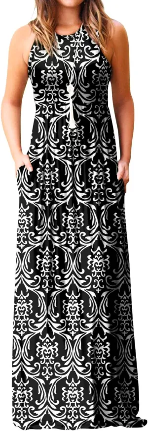 EUOVMY Women's Sleeveless Dress Casual Plain Loose Summer Vacation Long Maxi Dresses with Pockets