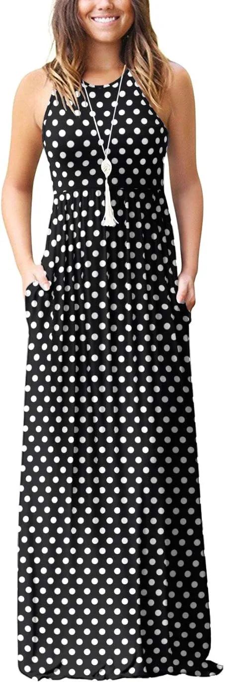EUOVMY Women's Sleeveless Dress Casual Plain Loose Summer Vacation Long Maxi Dresses with Pockets
