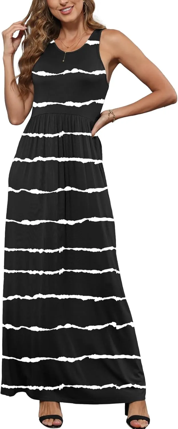 EUOVMY Women's Sleeveless Dress Casual Plain Loose Summer Vacation Long Maxi Dresses with Pockets