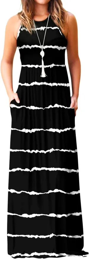 EUOVMY Women's Sleeveless Dress Casual Plain Loose Summer Vacation Long Maxi Dresses with Pockets