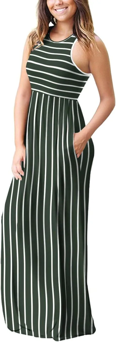 EUOVMY Women's Sleeveless Dress Casual Plain Loose Summer Vacation Long Maxi Dresses with Pockets