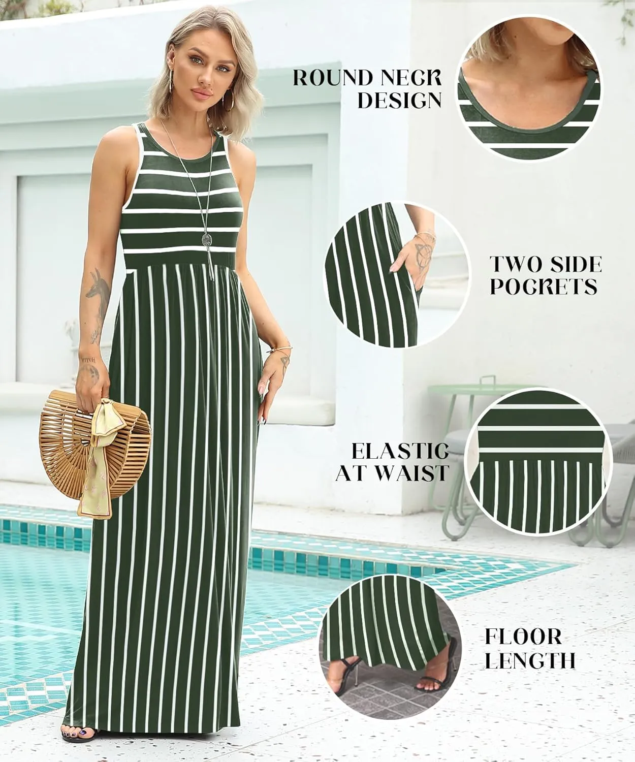 EUOVMY Women's Sleeveless Dress Casual Plain Loose Summer Vacation Long Maxi Dresses with Pockets