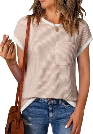 EVALESS Women's Short Sleeve T Shirts Crewneck Color Block Ribbed Knit Tee Blouses 2025 Trendy Summer Tops