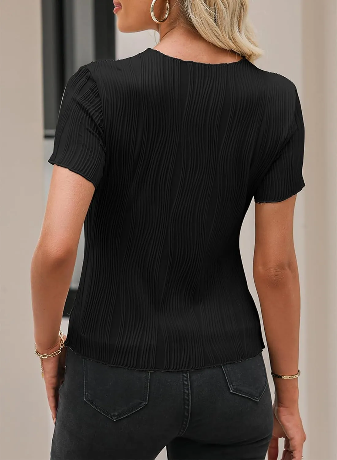 EVALESS Womens Short Sleeve Textured Tops Summer Casual Crewneck Solid Slim Fitted Basic T Shirts Tee Blouses