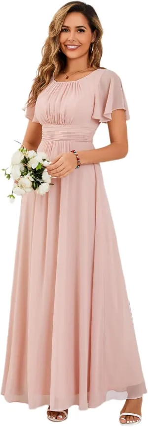 Ever-Pretty Women's Classic Round Neck Short Sleeves Chiffon Floor Length Bridesmaid Dress 01840-PH