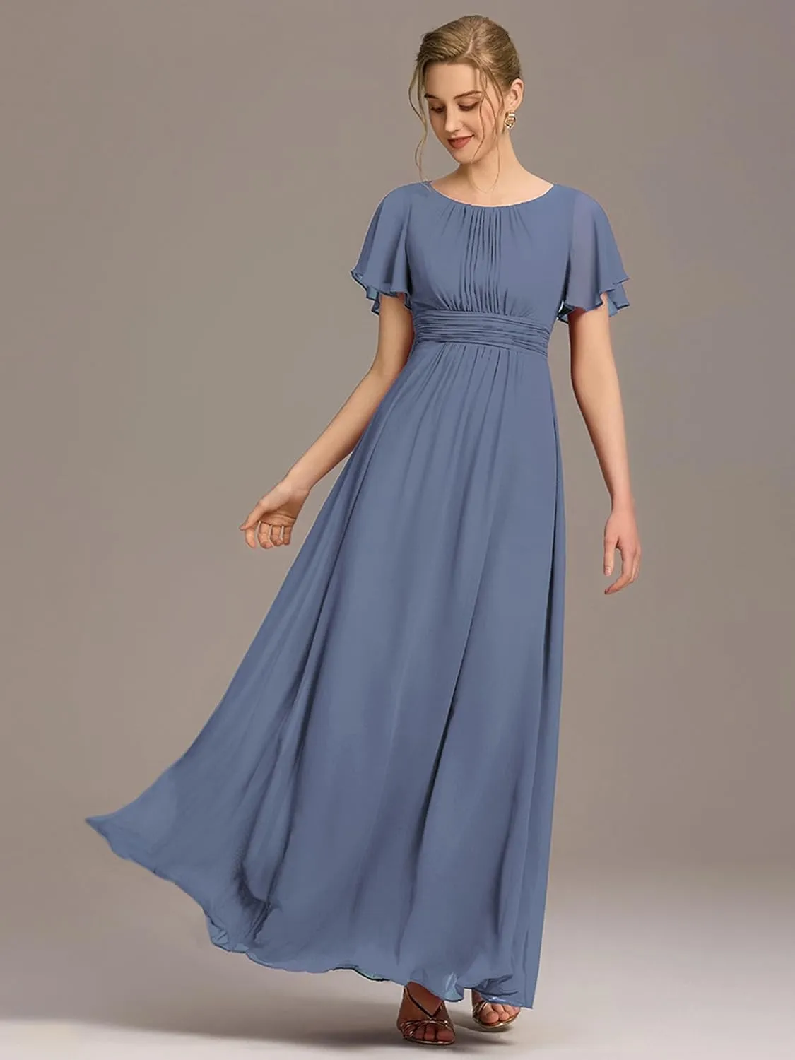 Ever-Pretty Women's Classic Round Neck Short Sleeves Chiffon Floor Length Bridesmaid Dress 01840-PH