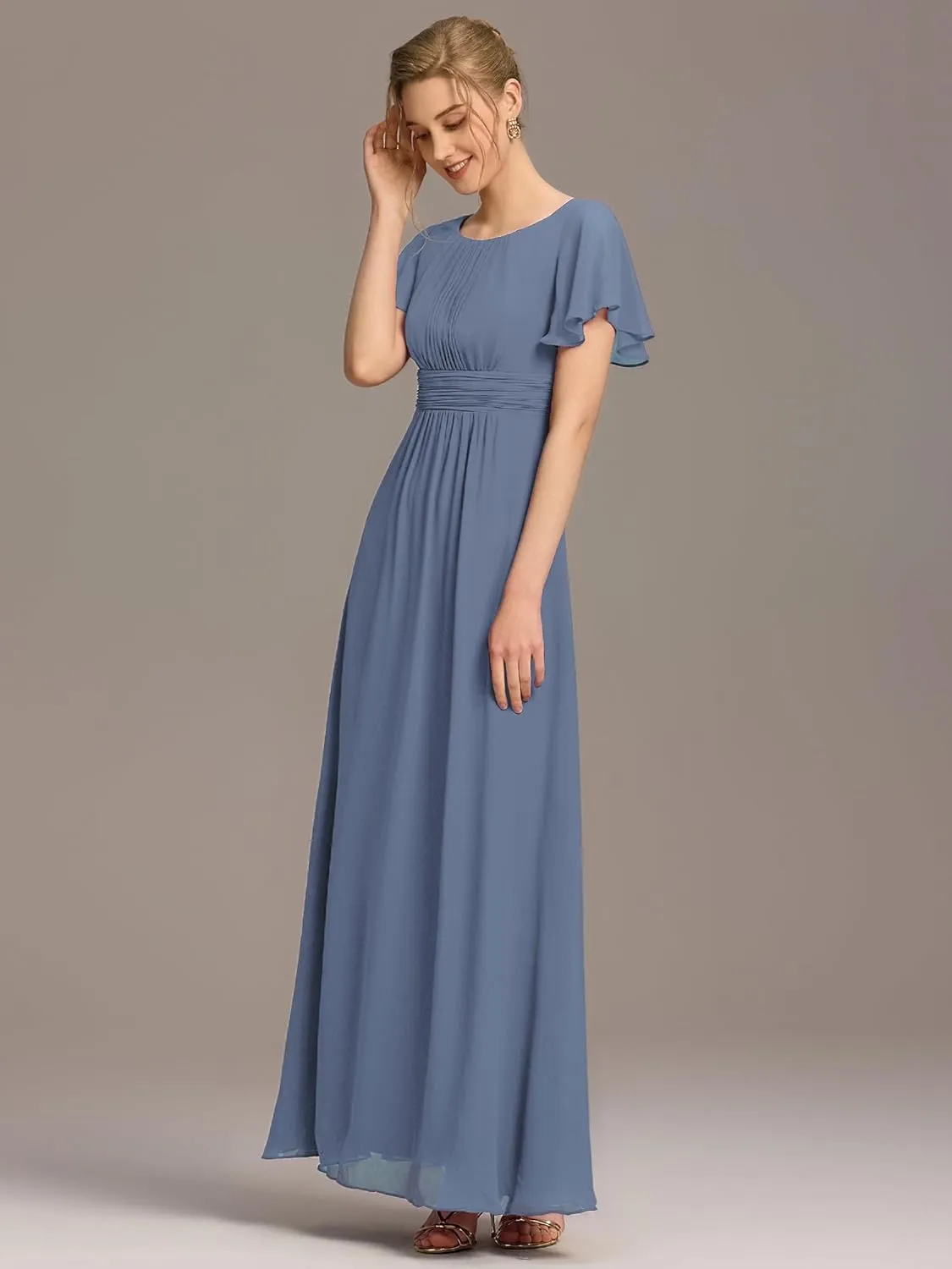Ever-Pretty Women's Classic Round Neck Short Sleeves Chiffon Floor Length Bridesmaid Dress 01840-PH