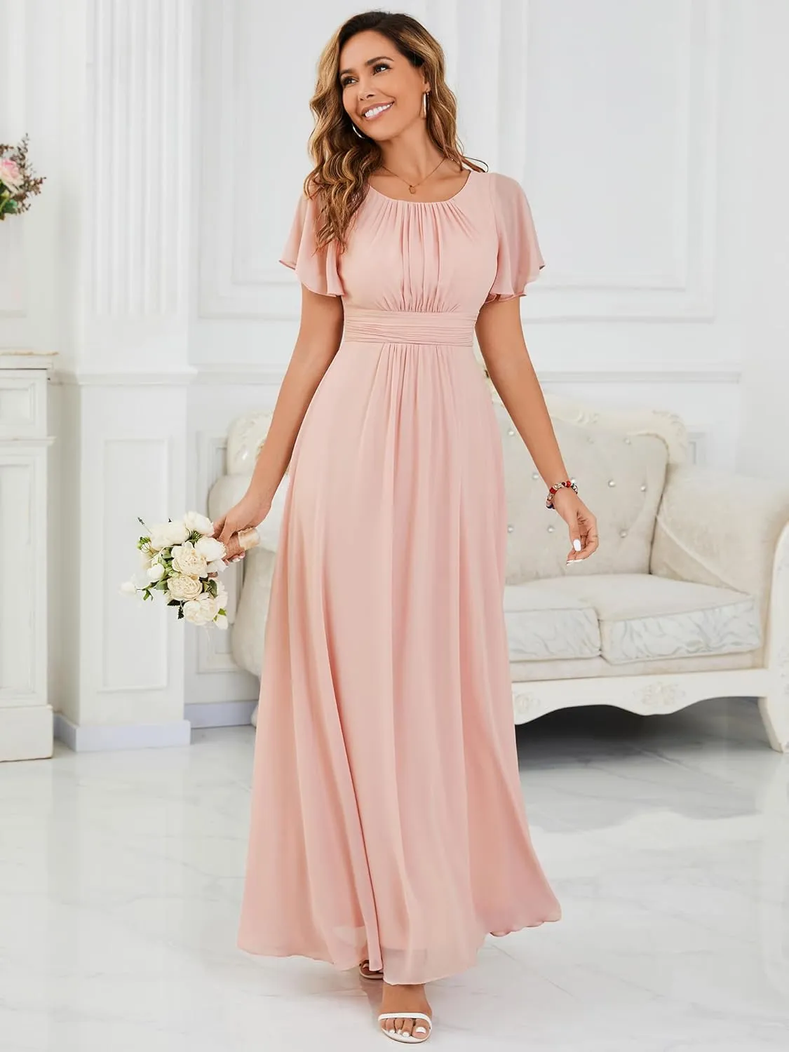 Ever-Pretty Women's Classic Round Neck Short Sleeves Chiffon Floor Length Bridesmaid Dress 01840-PH