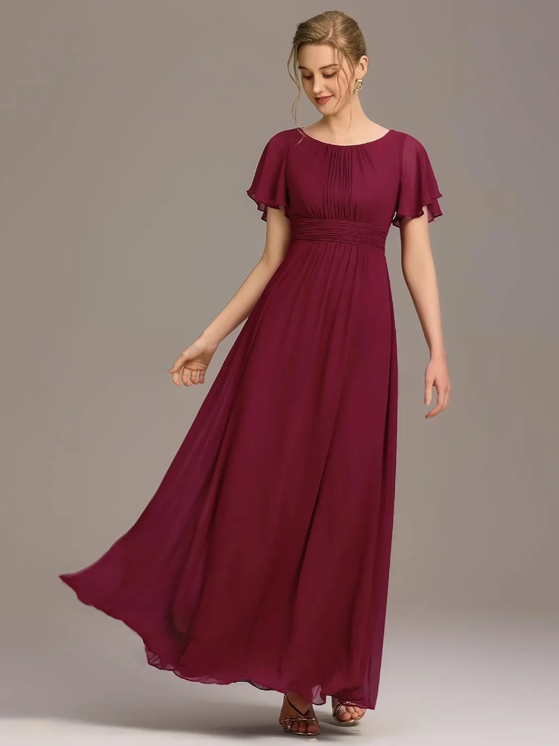 Ever-Pretty Women's Classic Round Neck Short Sleeves Chiffon Floor Length Bridesmaid Dress 01840-PH