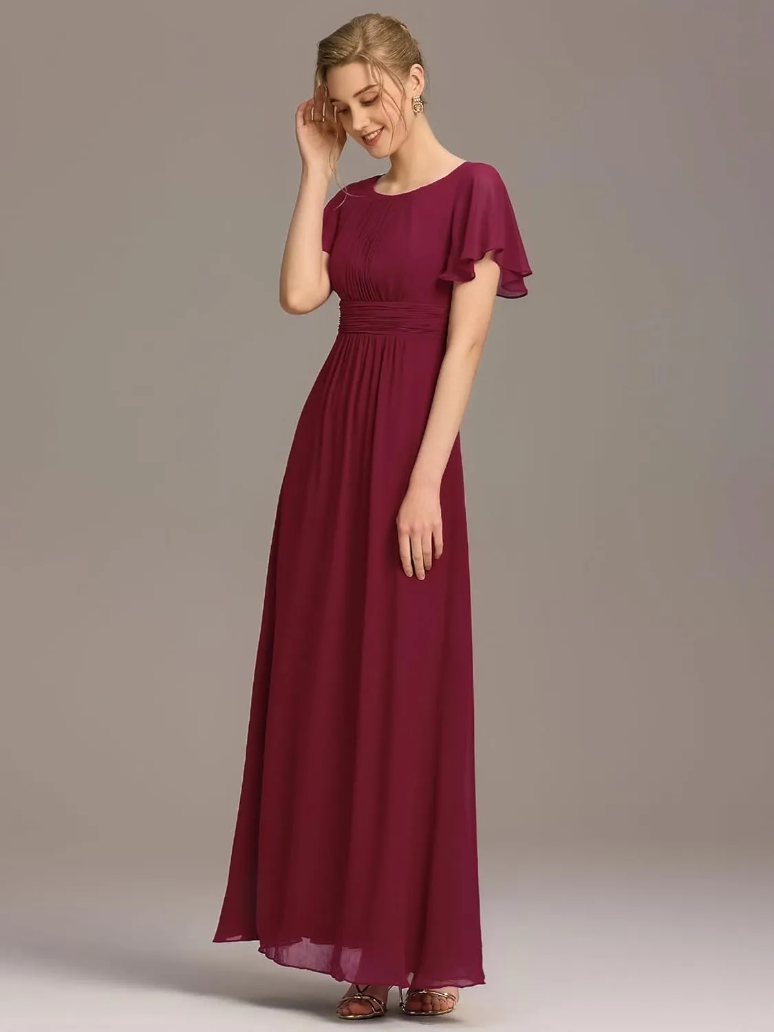 Ever-Pretty Women's Classic Round Neck Short Sleeves Chiffon Floor Length Bridesmaid Dress 01840-PH