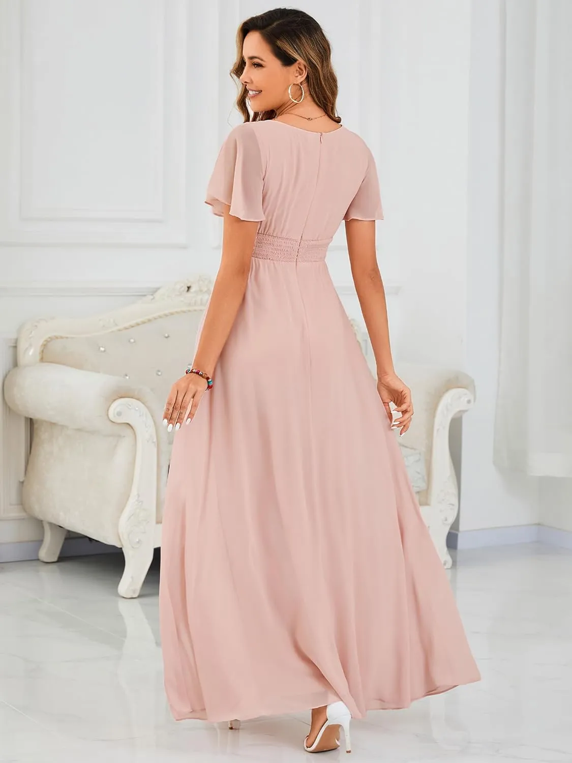 Ever-Pretty Women's Classic Round Neck Short Sleeves Chiffon Floor Length Bridesmaid Dress 01840-PH