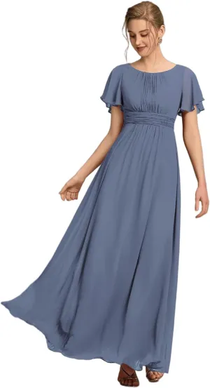 Ever-Pretty Women's Classic Round Neck Short Sleeves Chiffon Floor Length Bridesmaid Dress 01840-PH